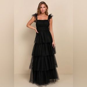 XS Lulu’s Tulle For Love Black Mesh Tulle Tiered Ruffled Maxi Dress